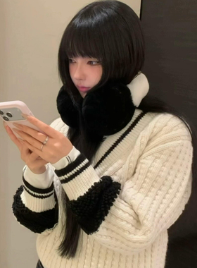 Freya顶版 25N滑雪季V领长袖拼色针织衫女宽松冬季毛衣软糯高级感