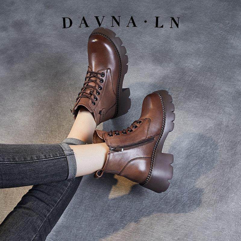 DAVNA`LN真皮马丁靴女秋冬季加绒厚底全头层牛皮低帮短靴子英伦风