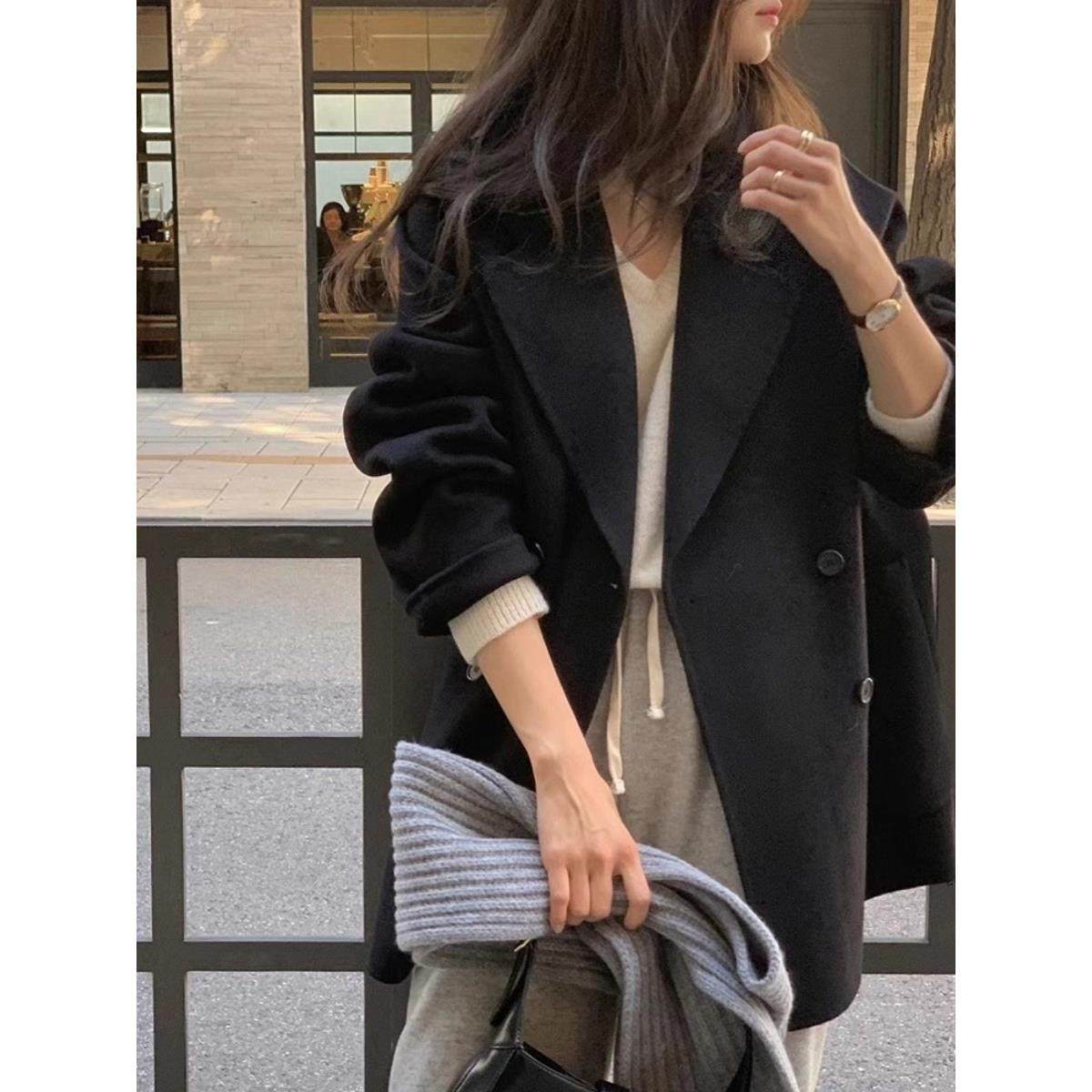 韩国东大门澳毛双面绒大衣女宽松时尚洋气西服领羊毛呢外套女