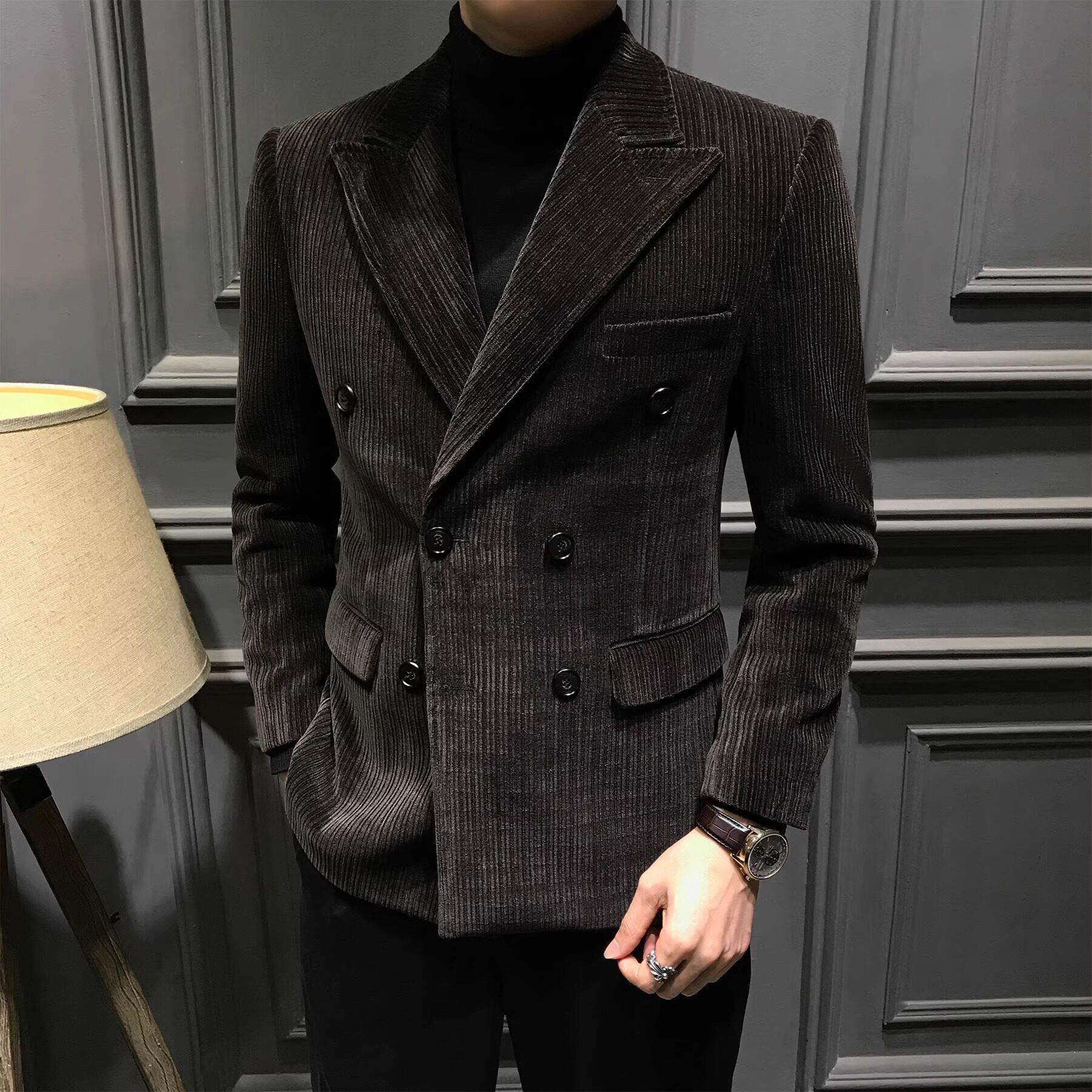 高端新款雪呢尔双排扣男士西服高级修身西装秋冬休闲商务痞帅外套