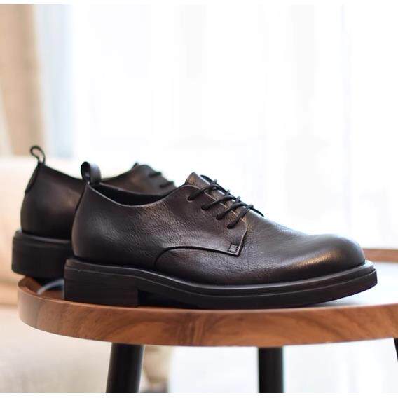 秋冬增高4.5CM/英伦复古厚底商务休闲皮鞋男真皮手工圆头德比鞋潮