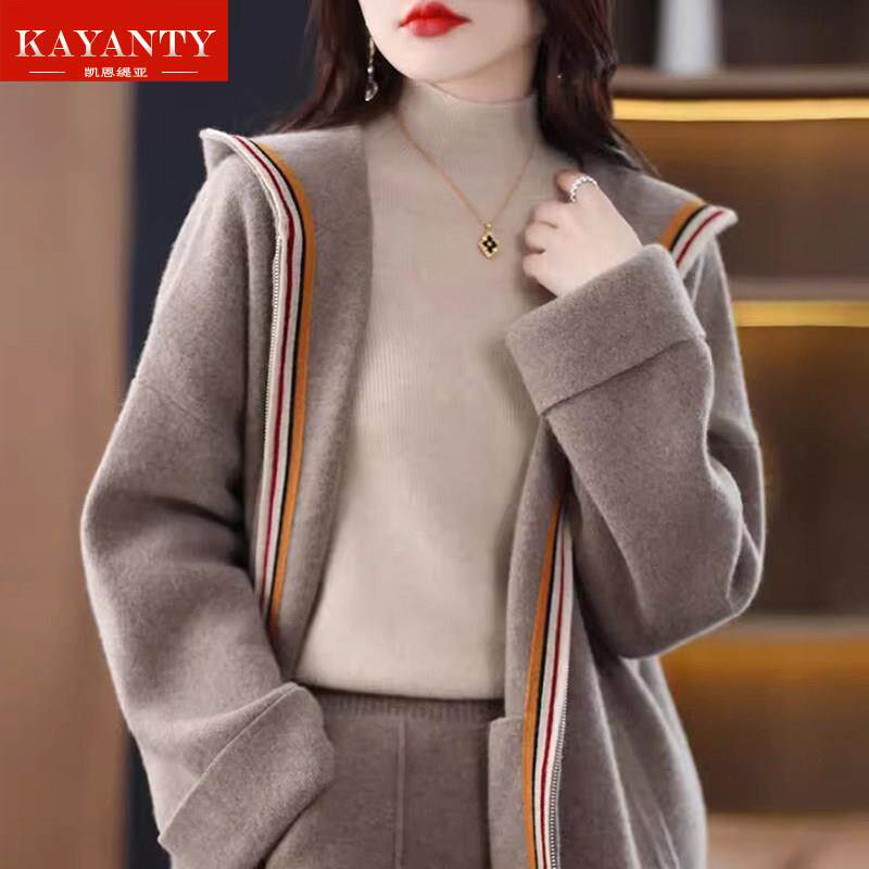 KAYANTY高奢中长款加厚100%羊绒连帽开衫女拼色宽松针织拉链外套