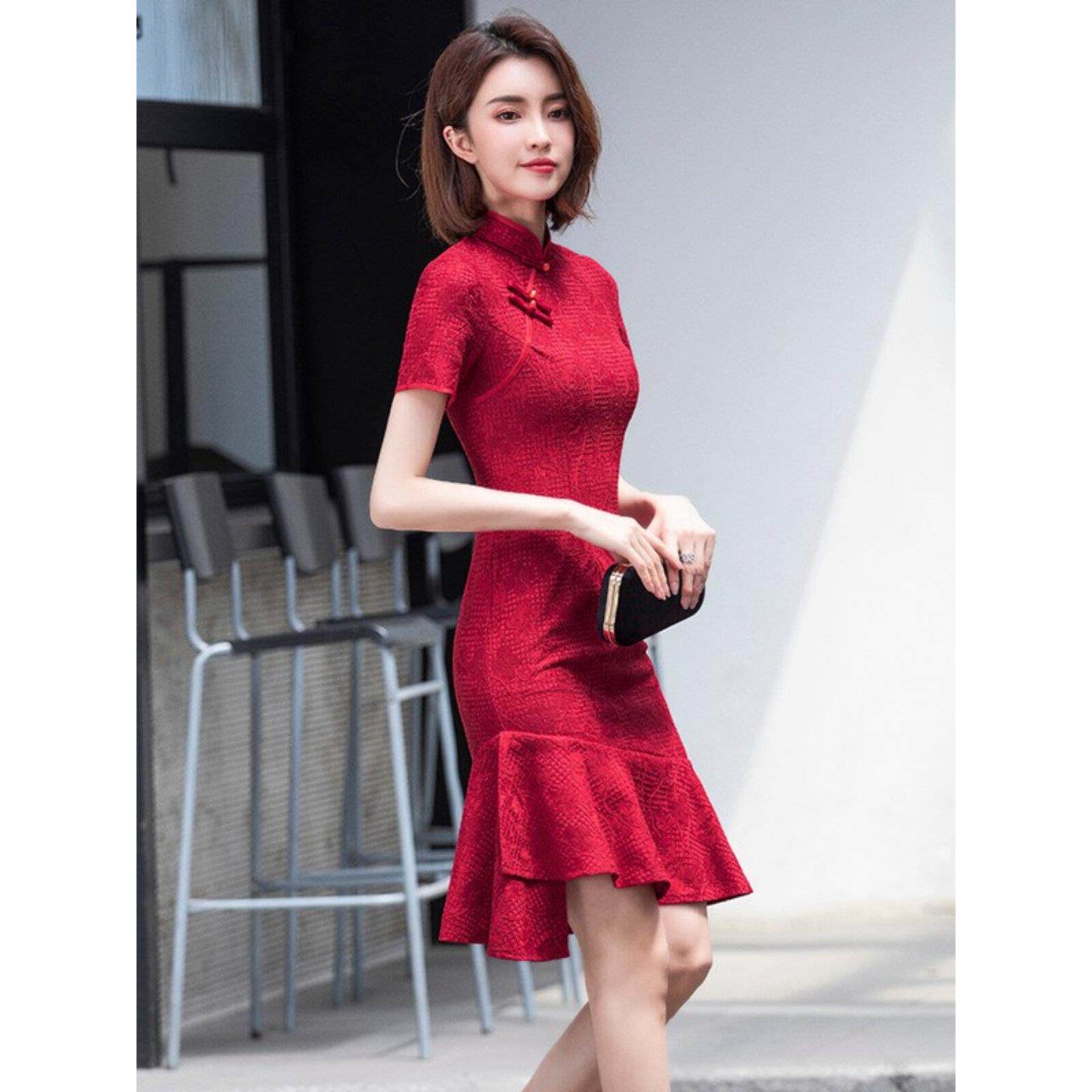 Claudie Pasey红色旗袍女夏季薄款高腰收腰蕾丝小个子短款连衣裙