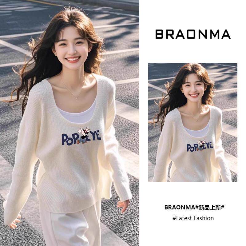 BRAONMA 简约高级感~假两件设计感独特低领白色宽松针织衫女秋冬