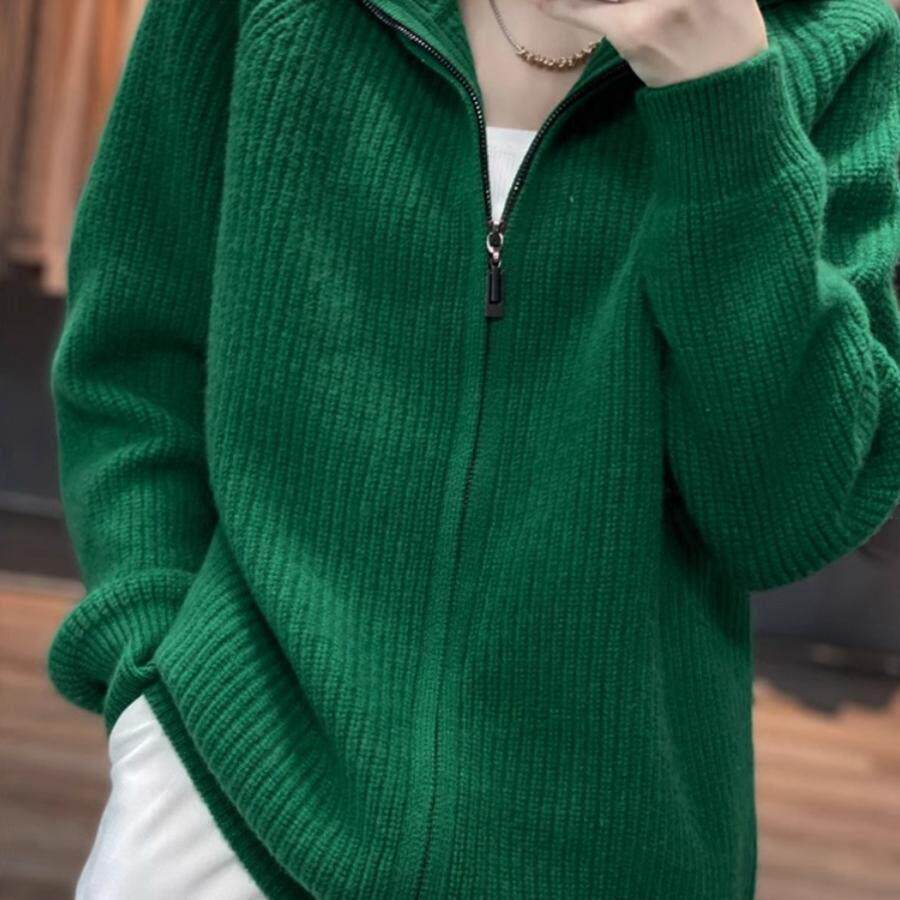YENR 复古羊绒拉链开衫女秋冬新款 宽松加厚立领羊毛针织毛衣外套