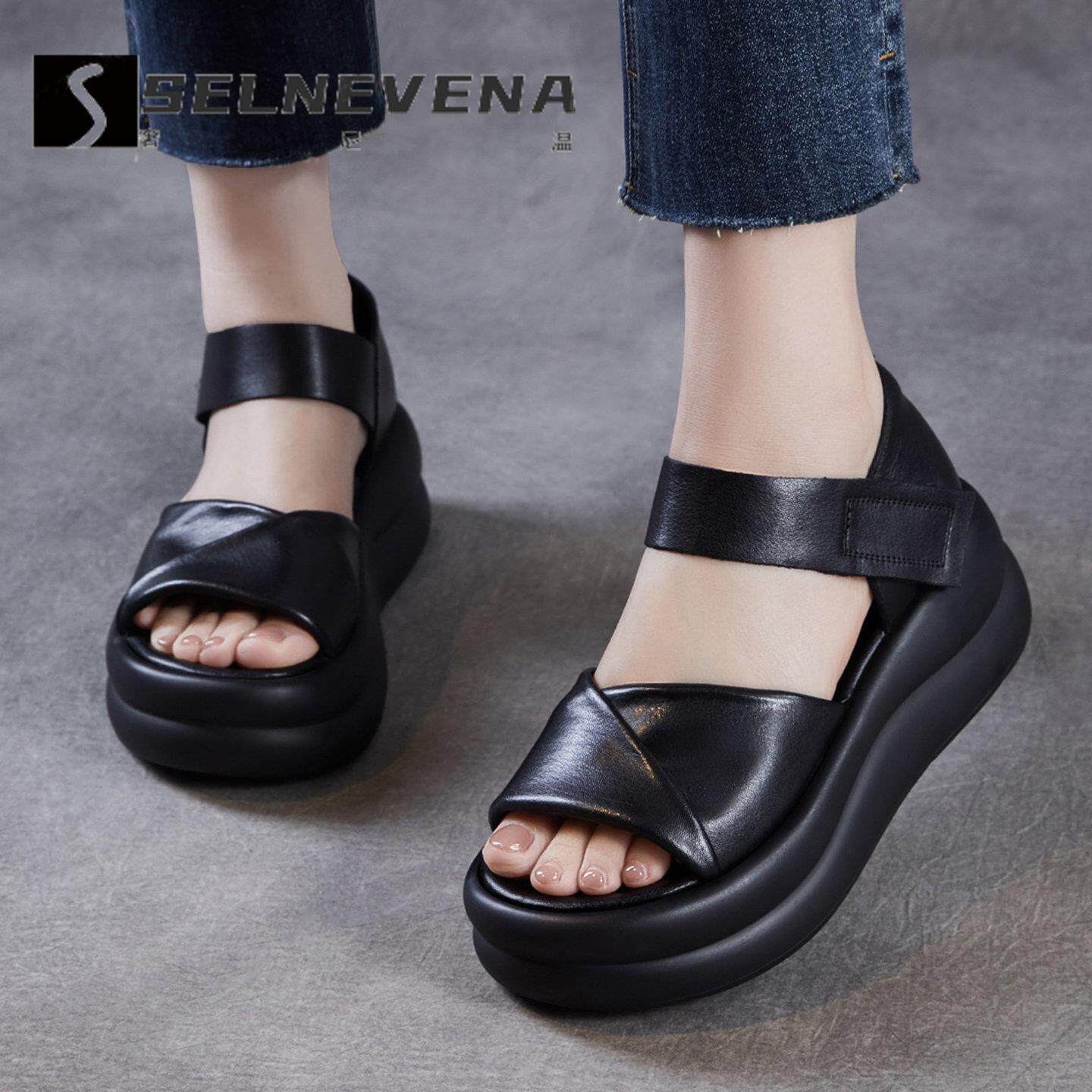 SELNEVENA罗马凉鞋女真皮文艺复古外穿露趾厚底增高不累脚凉鞋