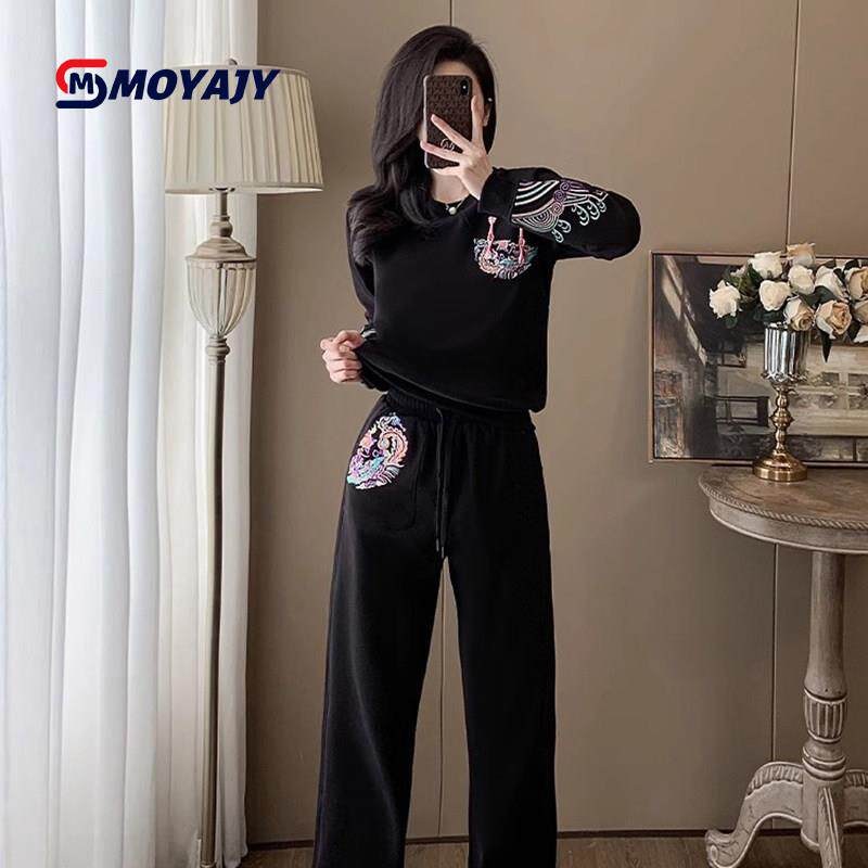 MOYAJY品牌新中式国风运动服套装女冬加绒时尚卫衣束脚裤两件套