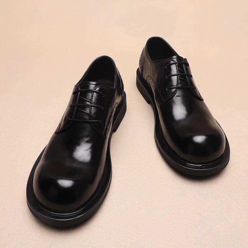 商务休闲男皮鞋时尚百搭舒适透气潮流真皮厚底韩版系带黑色英伦风
