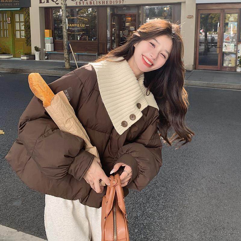 轻奢设计感针织领咖色羽绒服女2025冬季新款小个子短款白鸭绒外套