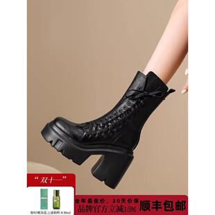 STXT马丁靴女2025秋季新款内增高12公分覆古英伦风厚底真皮短靴