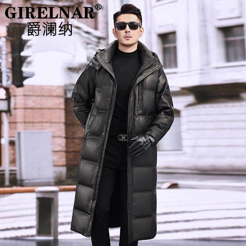 爵澜纳冬季真皮皮衣羽绒服男过膝长款头层牛皮连帽加厚保暖外套男