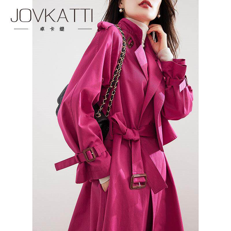 JOVKATTI优美气场绝美火龙果色时尚气质风衣高腰长版纯色百搭外套