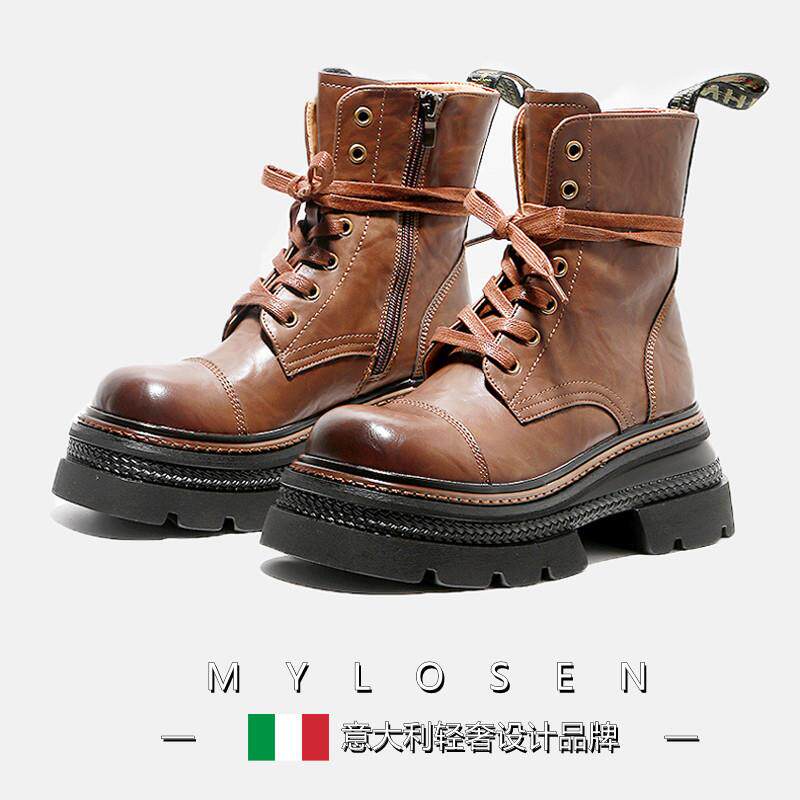 MYLOSEN2025秋新款圆头厚底系带短靴显腿长复古擦色真皮马丁靴女