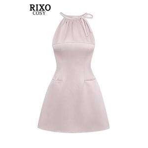 RIXO COSY粉色缎面光泽感挂脖连衣裙女夏蝴蝶结收腰A字无袖短裙子