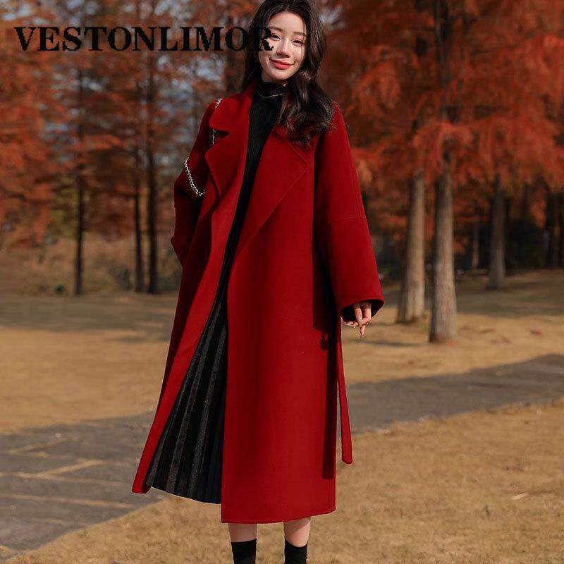 VESTONLIMOR冬季新款法式韩版羊毛小个子长款细带双面羊绒外套女