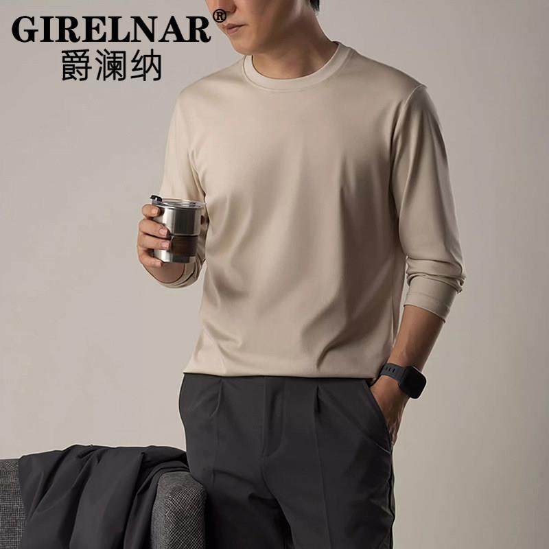 爵澜纳2025秋季高端纯棉圆领男士长袖t恤休闲中老年打底衫体恤男
