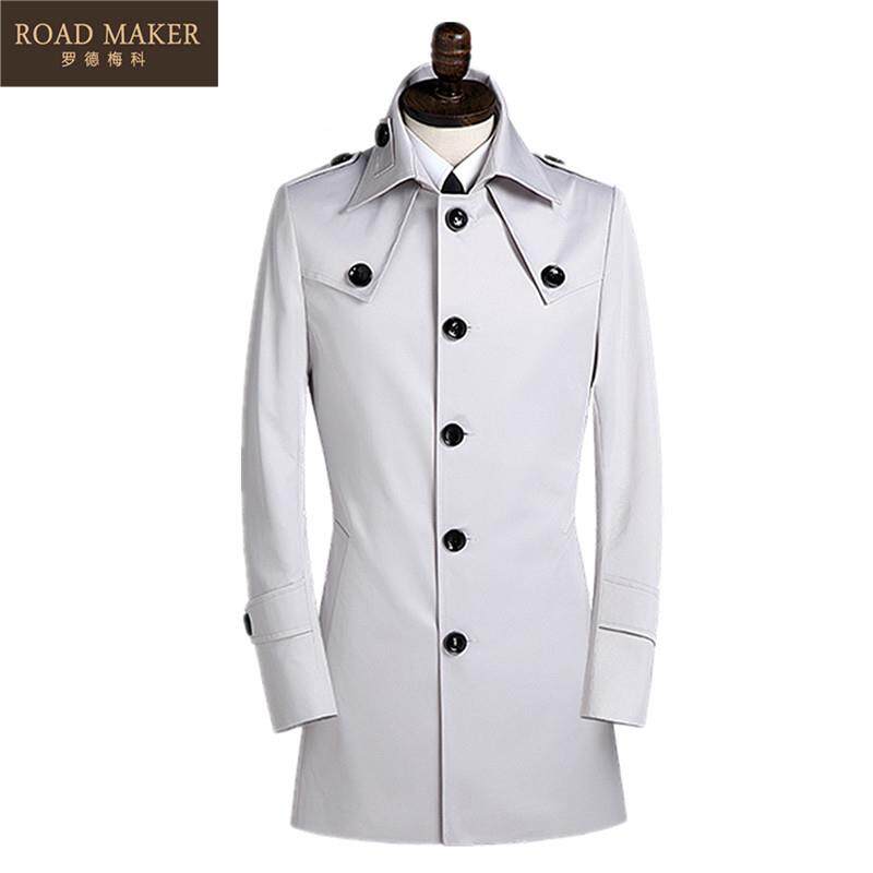 ROADMAKER春秋装男士翻领风衣韩版修身单排扣中长款休闲大衣外套