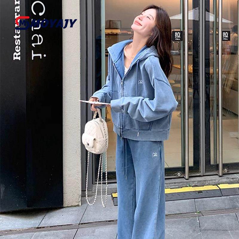 MOYAJY品牌蓝色牛仔套装女春秋新款时尚港风外套阔腿裤子两件套,女装/女士精品,休闲运动套装,淘宝优惠券,粉丝福利购,淘宝优惠卷
