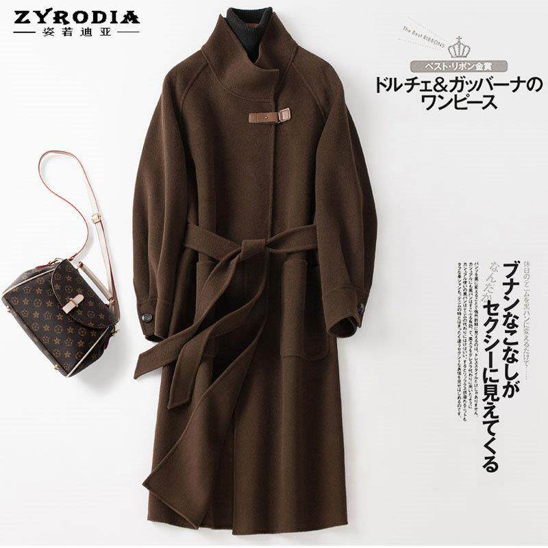 ZYRODIA 高端双面羊绒大衣女中长款立领皮扣黑色过膝羊毛呢外套