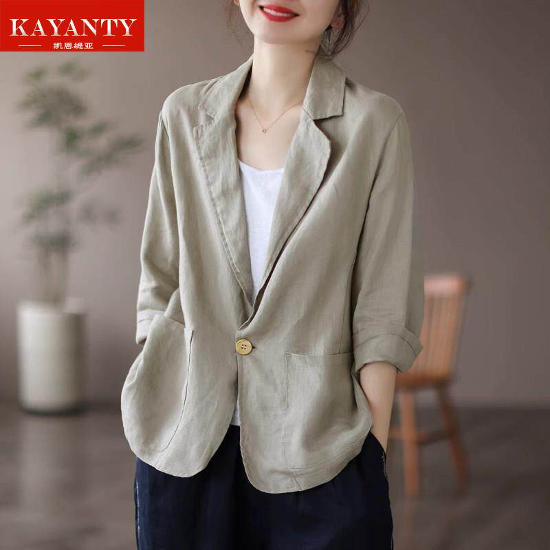 KAYANTY米灰色复古小西装外套女2025秋季新款宽松休闲翻领七分袖