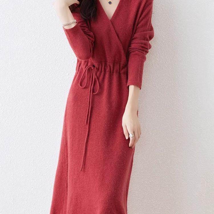 RAGR 新款交叉V领纯羊毛裙中长版针织洋装抽绳收腰羊绒毛衣裙,男装,大码上装,淘宝优惠券,粉丝福利购,淘宝优惠卷