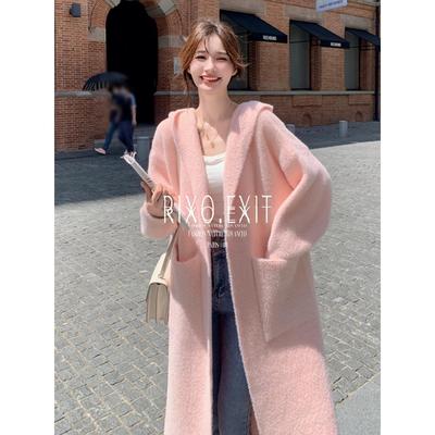 RIXO EXIT法式粉色仿水貂绒毛呢外套女冬季加厚慵懒风中长款大衣