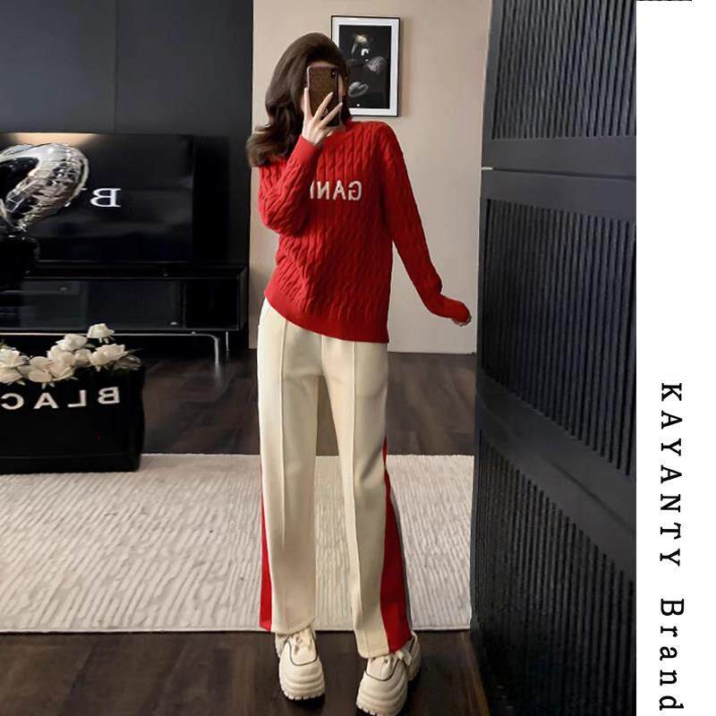 KAYANTY休闲运动套装女春秋新款宽松时尚毛衣加绒阔腿裤两件套