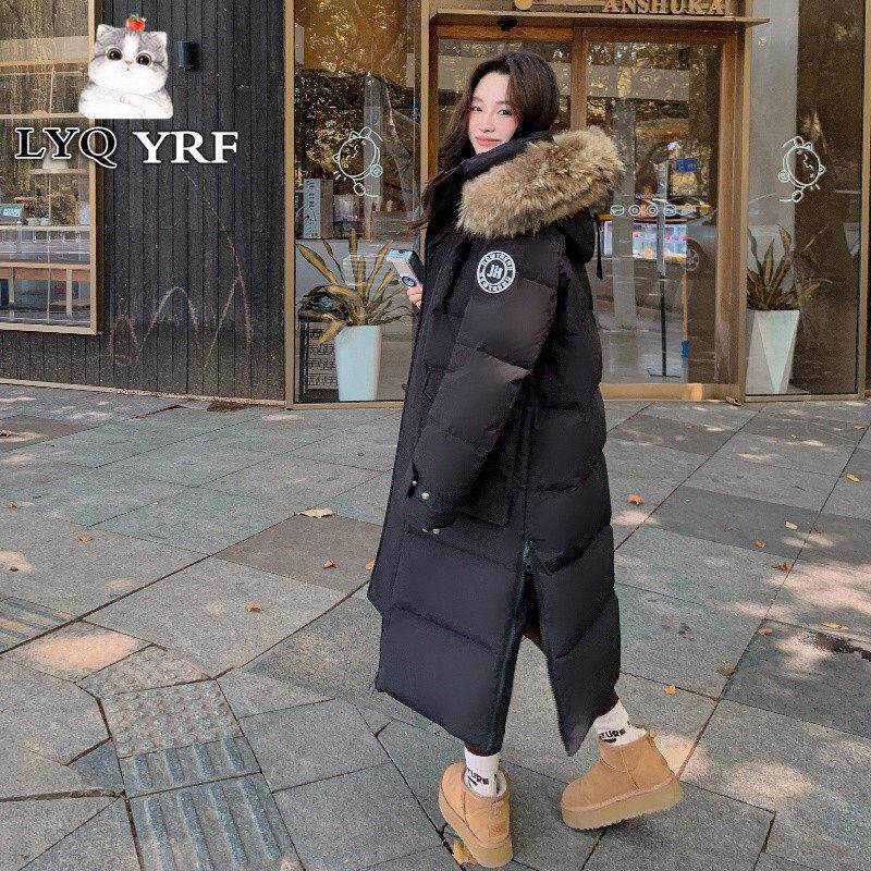 LYQ YRF白鹅绒羽绒服女冬季过膝加厚保暖东北大毛领长款情侣外套
