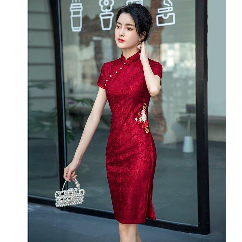 claudie pasey红色旗袍女2024高贵结婚喜服妈妈装婚宴礼服小个子