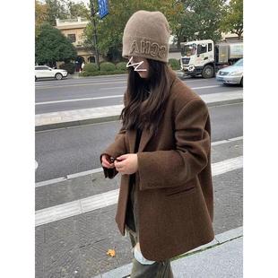 LILY MOST咖色羊毛西装外套女冬加厚人字纹复古高级感小西服女