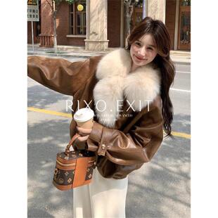 RIXO EXIT大毛领皮衣羽绒服外套女冬季2025新款保暖白鸭绒机车服