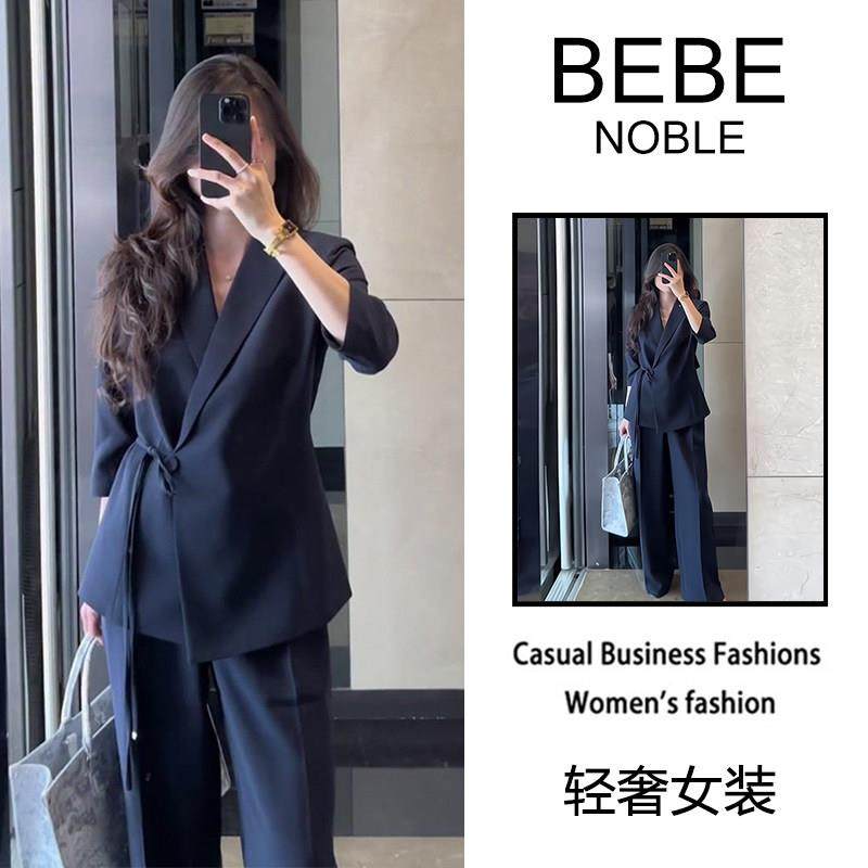 BEBE NOBLE藏青色系带西装阔腿裤套装女2025冬季高级感时尚两件套