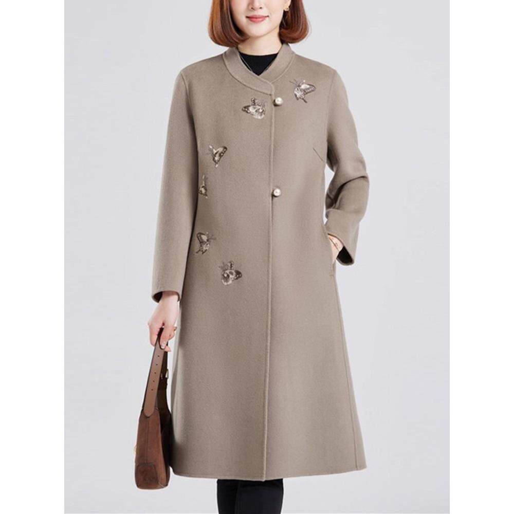 玛古芭高端刺绣中长款双面羊毛呢大衣女2025秋冬新款加厚保暖外套