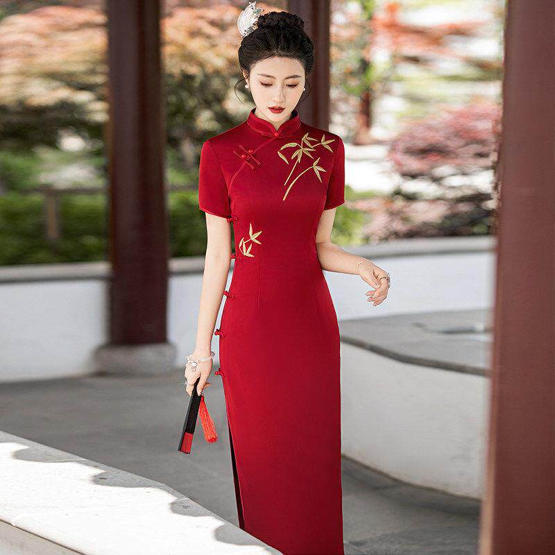 MEJEGOT 红色醋酸刺绣旗袍女中长裙婚礼敬酒服中国风连衣裙送考