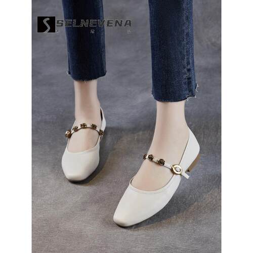 SELNEVENA玫瑰四季通勤单鞋法式玛丽珍鞋小皮鞋低跟软底浅口女鞋
