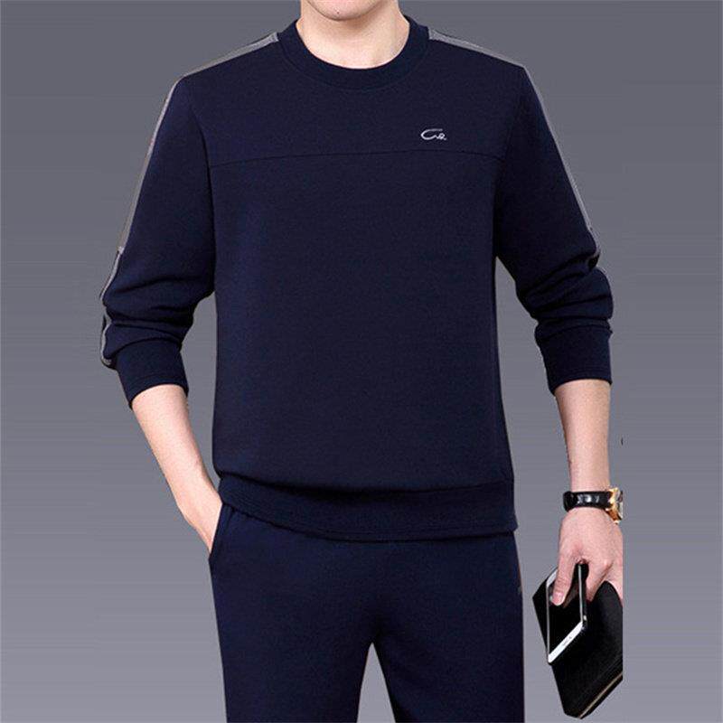 男士运动服套装春秋款圆领长袖套头棉加大码中老年爸爸跑步两件套