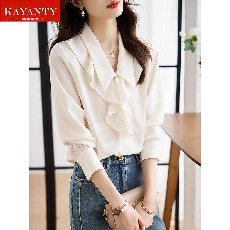 KAYANTY高级感木耳边女士衬衫秋冬洋气长袖雪纺上衣打底小众衬衣