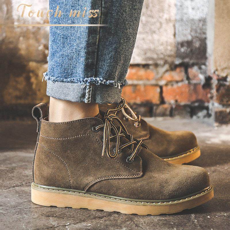 Touch Miss新款马丁靴男英伦风厚底靴子覆古休闲高帮真皮工装靴潮