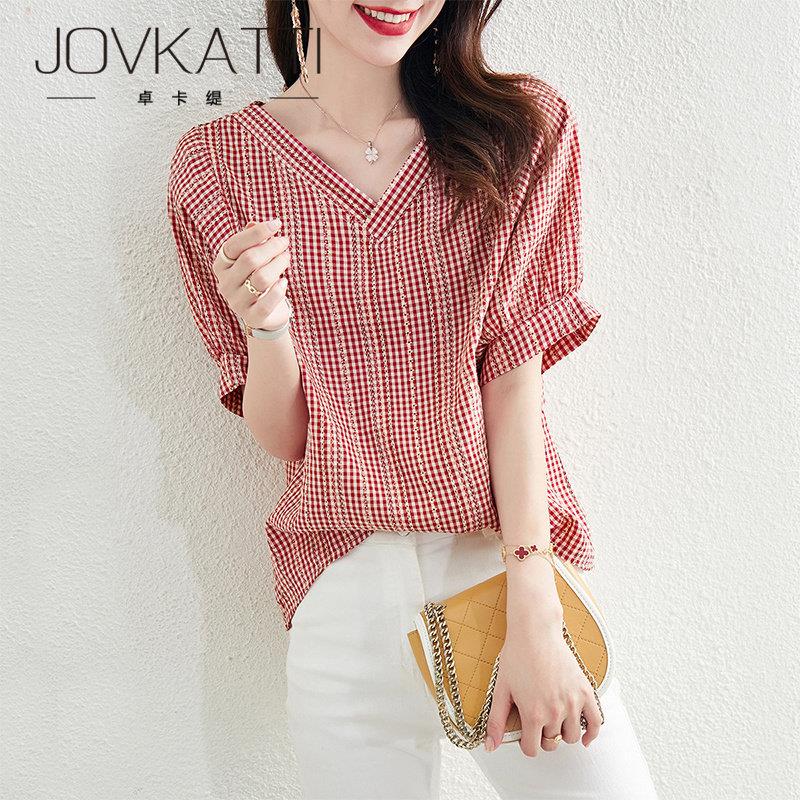 JOVKATTI 洋气减龄v领衬衣别致小衫新款泡泡袖时尚百搭格子上衣女