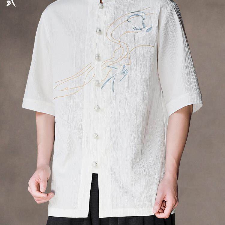 BellerLee 新中式休闲男短袖衬衫中国风复古盘扣中山装刺绣上衣