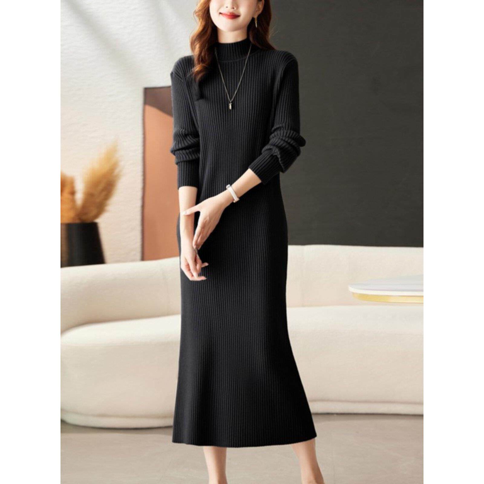 GPTP半高领毛衣超长连衣裙女秋冬新款过膝纯色针织配大衣打底裙子