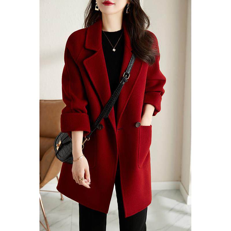 法国红羊毛呢大衣女2025年秋冬新款宽松西装领设计感双面毛呢外套