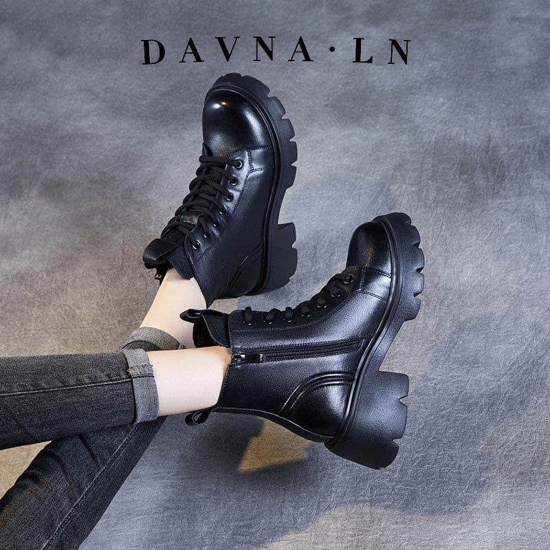 DAVNA`LN头层牛皮厚底马丁靴女秋冬加绒靴子真皮高跟防滑气质短靴