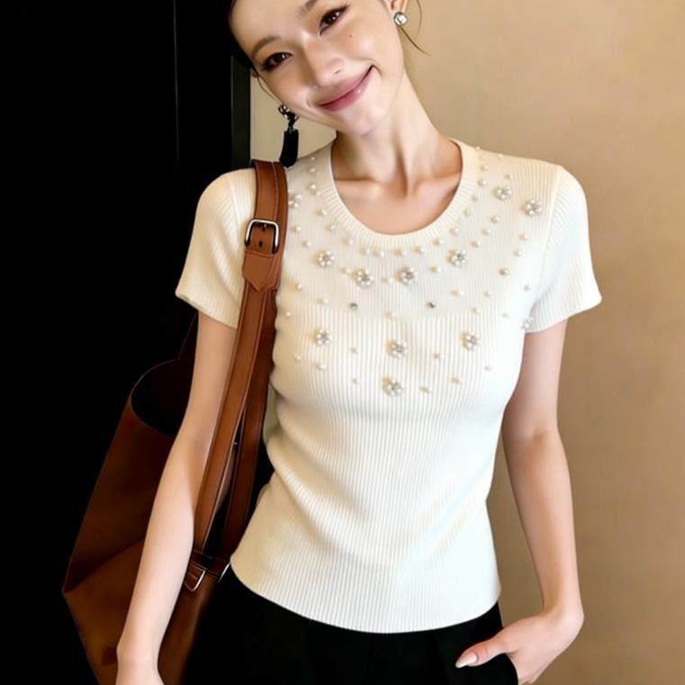 潮牌重工钉珠设计感圆领短袖t恤女士新款修身显瘦百搭高级感上衣