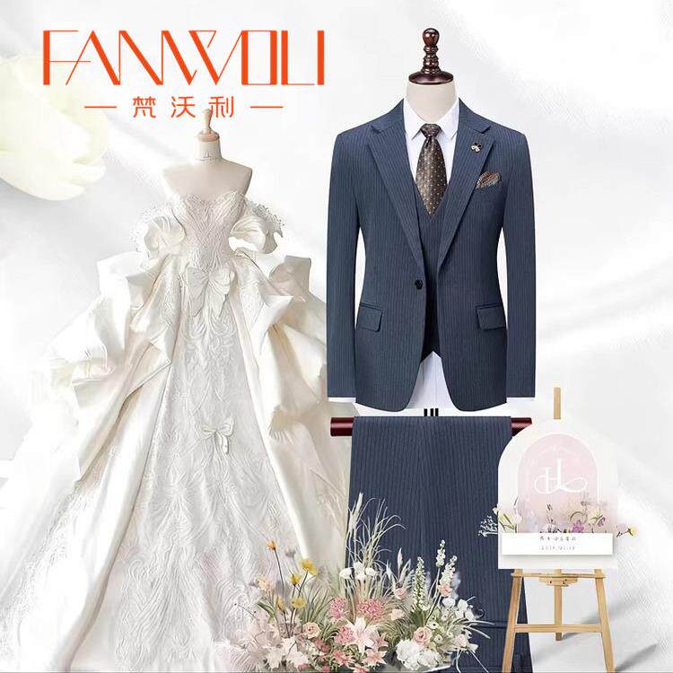 梵沃利商务风条纹西服套装男三件套新郎婚礼高级感正装
