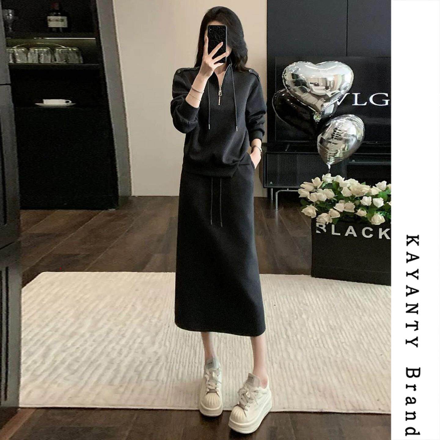 KAYANTY时尚秋冬新款长袖套装连衣裙女中长款洋气显瘦两件套裙子