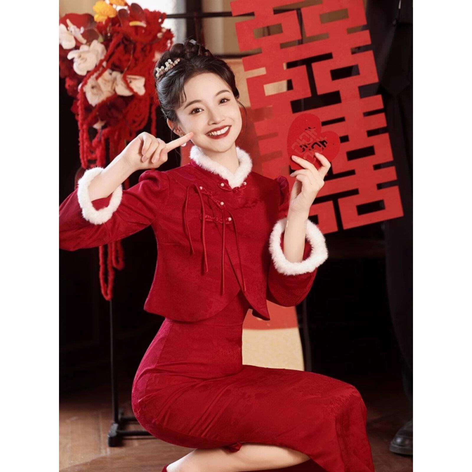 Capacity Kiss 秋冬新中式旗袍套装敬酒服新娘红色结婚订婚礼服裙