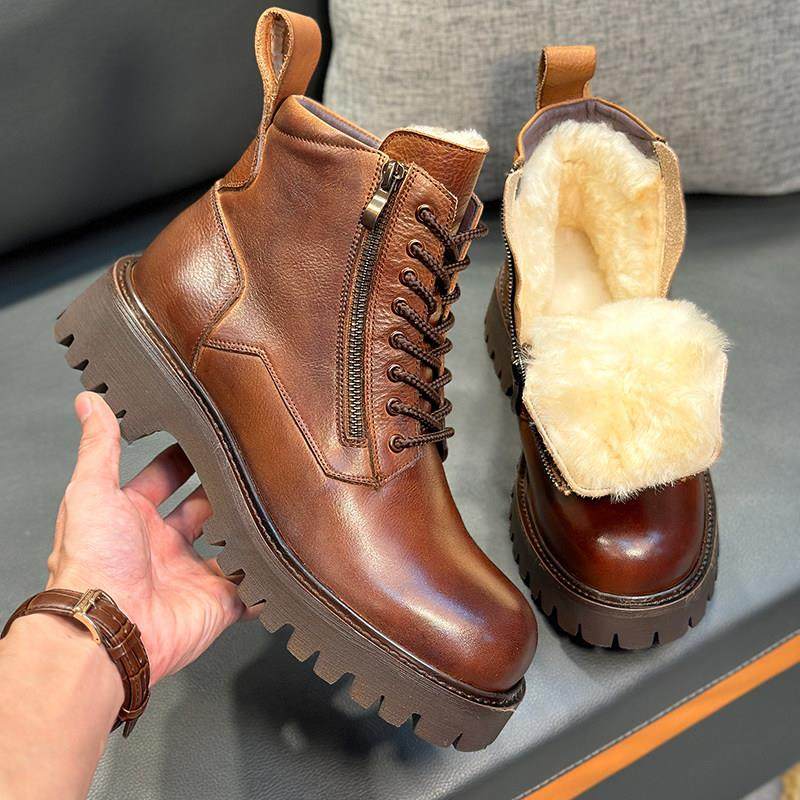 MYCOLEN轻奢品牌马丁靴男士秋冬保暖侧拉链增高羊皮毛一体雪地靴