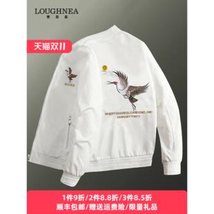LOUGHNEA轻奢国风白色仙鹤外套男时尚刺绣潮流欧货飞行员棒球服潮