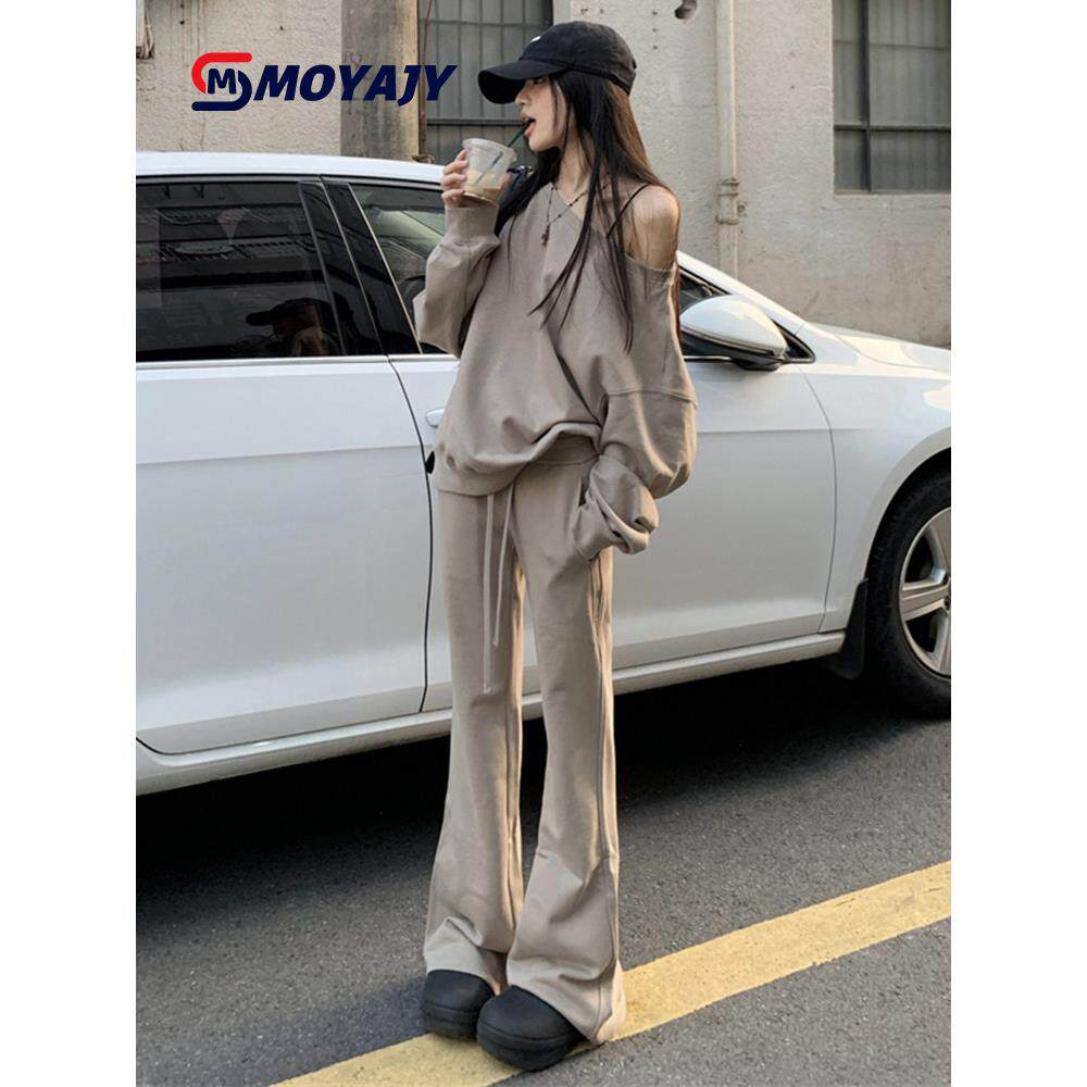 MOYAJY品牌慵懒休闲运动套装女春秋减龄时尚斜肩卫衣微喇裤两件套